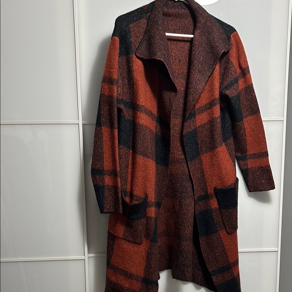 Red and Black Trench Coat with Plaid Pattern